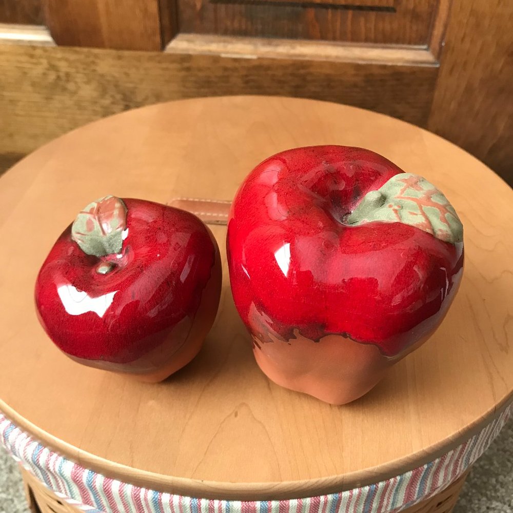 (1) Large & (1) Small Terra Cotta Apple w/Red Glaze & Green Leaf